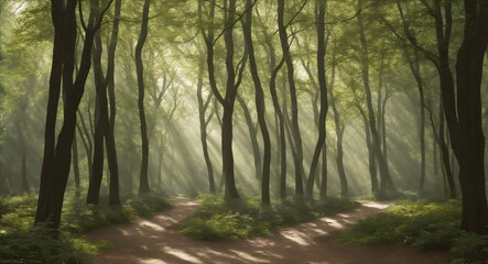 Obraz premium Enchanting Pathway in Idyllic Forest with Sunlight Filtering Through Tree Canopies