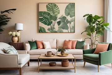 This living room is tastefully designed with a sophisticated and vibrant atmosphere. It features a fake poster, a wooden coffee table, a potted plant, and a beige armchair with a green pillow. The