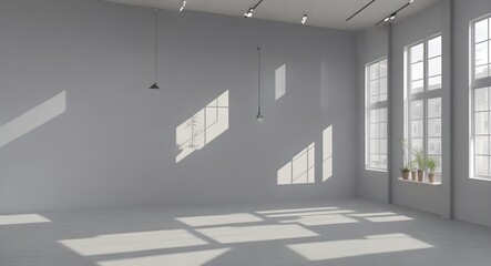 Large, Spacious White Interior with Sunlight Rays and Hanging Lamps - Perfect for Virtual Product Presentations