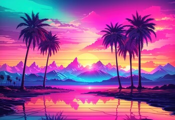 Fototapeta na wymiar Beautiful sunrise view with view of palm trees and mountains retro neon color