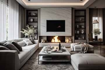 The living room is decorated in shades of gray and white and features a cozy fireplace, a television, and a comfortable sofa.