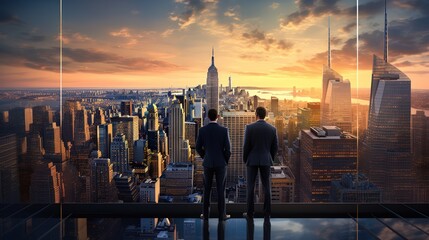 Fototapeta na wymiar Two businessmen, partners, discuss in high building and looking at modern city in sunrise. Business partnership and collaboration. Generative AI