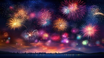 Fototapeta na wymiar Holiday colorful fireworks on dark sky background. Celebration and festival. Generative AI