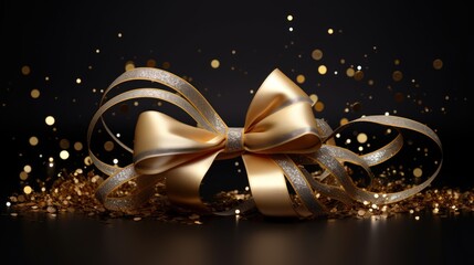 Golden ribbons and a bow on dark background with sparkling glitters. Decorative background. Generative AI