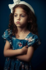 portrait of a little girl in a blue dress and a white headscarf on a blue background