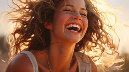Portrait of a happy woman smiles and laughs happily.  Happiness, well being, and self apprediation. Generative AI