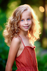 Naklejka premium Portrait of a beautiful teenage girl with long blond hair with blue eyes in a red light sundress.