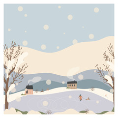 xmas,2023 winter season greeting,hand drrawn vector illustration landscape of winter countryside.2023 winter color tone.