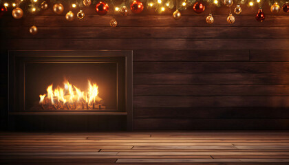 Fireplace in a wooden room with Christmas decorations on the top, including lights, and red and gold baubles, perfect for product presentation.