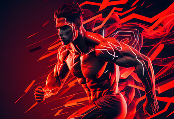 A running athlete drawn in a flow of different lines and red paints. AI generated