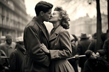 couple kissing in the city of paris,monochromatic
