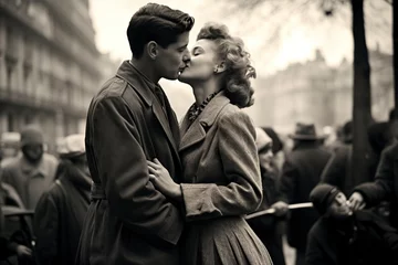 Foto op Canvas couple kissing in the city of paris,monochromatic © Jorge Ferreiro