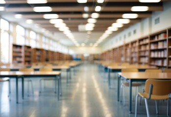 Abstract blurred empty college library interior space. Blurry classroom with bookshelves by defocused effect - obrazy, fototapety, plakaty