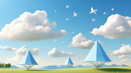blue paper cone with clouds Minimal cartoon cute creative vision concept. 3d illustration