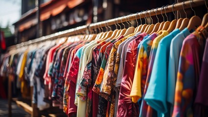Many colorful kimono and dresses hanging on clothing rack in store.