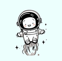 A cartoon astronaut is flying on a blue background