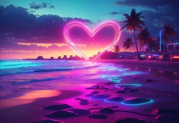 A neon light beach with a colorful heart radiating light beams, magic lights - obrazy, fototapety, plakaty