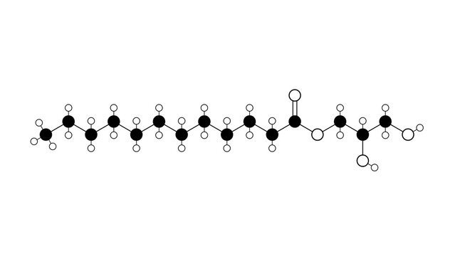 monolaurin molecule, structural chemical formula, ball-and-stick model, isolated image mono-ester