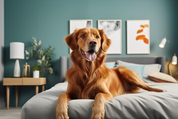 A joyful ginger mixed breed dog with vibrant fur is happily resting in a stylish Scandinavian themed bedroom decorated with bright colors. The room features a spacious king size bed and is suitable - obrazy, fototapety, plakaty