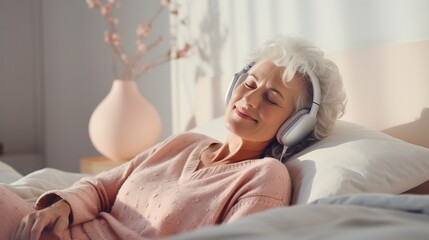 Happy elderly woman with closed eyes listening to music in headphones while lying on bed