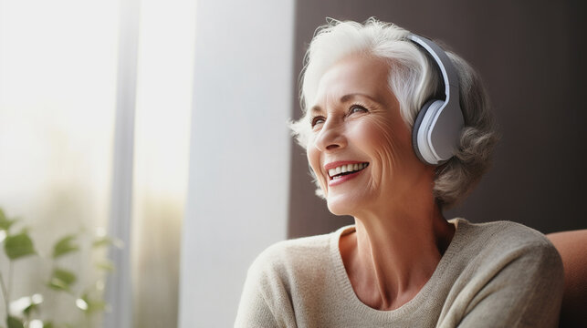 Happy elderly woman with closed eyes listening to music with headphones at home