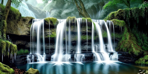 Photorealistic of the stunning heaven hidden waterfall landscape in the middle forest