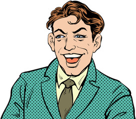 Man in a good mood smiling and laughing happily. Pop art retro hand drawn style design illustrations. . transparent background