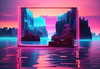 3d render, neon square frame glowing over the futuristic landscape with cliffs and water, sunset or sunrise. Modern minimal abstract background