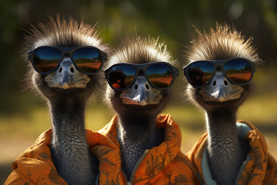 3 Emus in sportlicher Kleidung und Sonnenbrillen, 3 emus in sporty clothes and sunglasses,