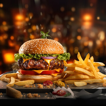 delicious smokehouse burger with fries master chef michelin star quality finest restaurant ai gen