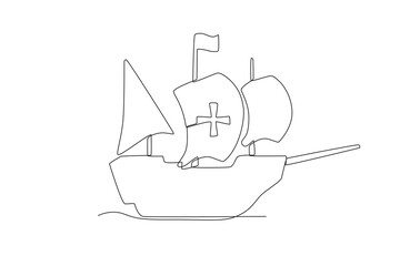 A ship sailing with a flag on it. Colombus day one-line drawing