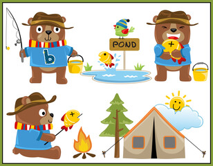 Group of cute bear cartoon in different activities with camping elements