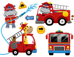 Set of firefighters cartoon element with funny hippo and giraffe in fireman costume