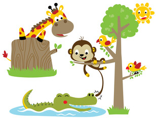 Group of funny animals cartoon in forest with smiling sun