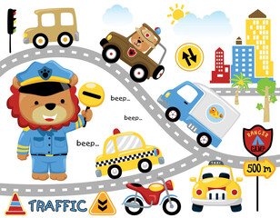 Vector set of city traffic cartoon with cute lion in police uniform