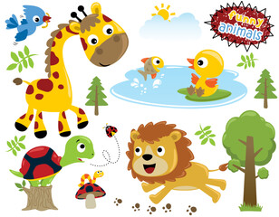 Fototapeta na wymiar Group of funny animals cartoon in forest
