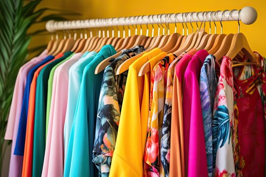 The image depicts a collection of fashionable clothes hanging on a clothing rack in a brightly colored closet. The close up shot showcases a variety of vibrant and colorful items specifically designed