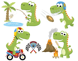 vector set of funny dinosaur cartoon in different activities