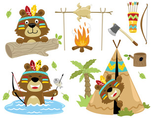 Vector set of funny little bear cartoon with Indian elements