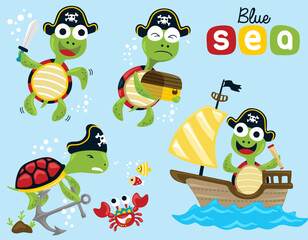 Vector set of funny turtle cartoon the funny pirates