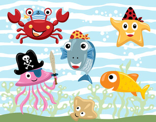 Group of funny marine animals cartoon with pirate costume