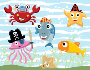 Foto op Plexiglas In de zee Group of funny marine animals cartoon with pirate costume