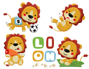 vector set of funny lion cartoon in activities