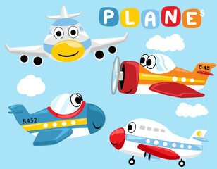 Vector set of funny planes cartoon with clouds © Bhonard21