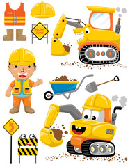 Vector set of construction element cartoon with funny worker