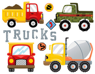 Vector set of trucks cartoon illustration with road sign © Bhonard21