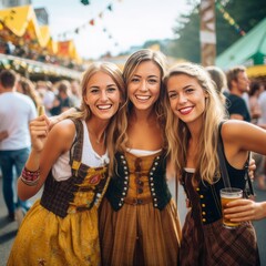 Munich's Oktoberfest street photography, women in bavarian costume, high quality,  - obrazy, fototapety, plakaty