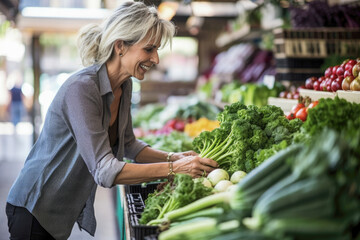 Woman shopping for fresh vegetables in the supermarket, generative ai