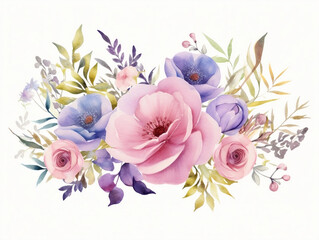 Watercolor floral arrangement collection, vintage, wreath, white background