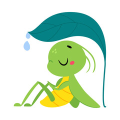 Obraz premium Cute Green Grasshopper Character Sitting Under Leaf with Drop Fall Vector Illustration